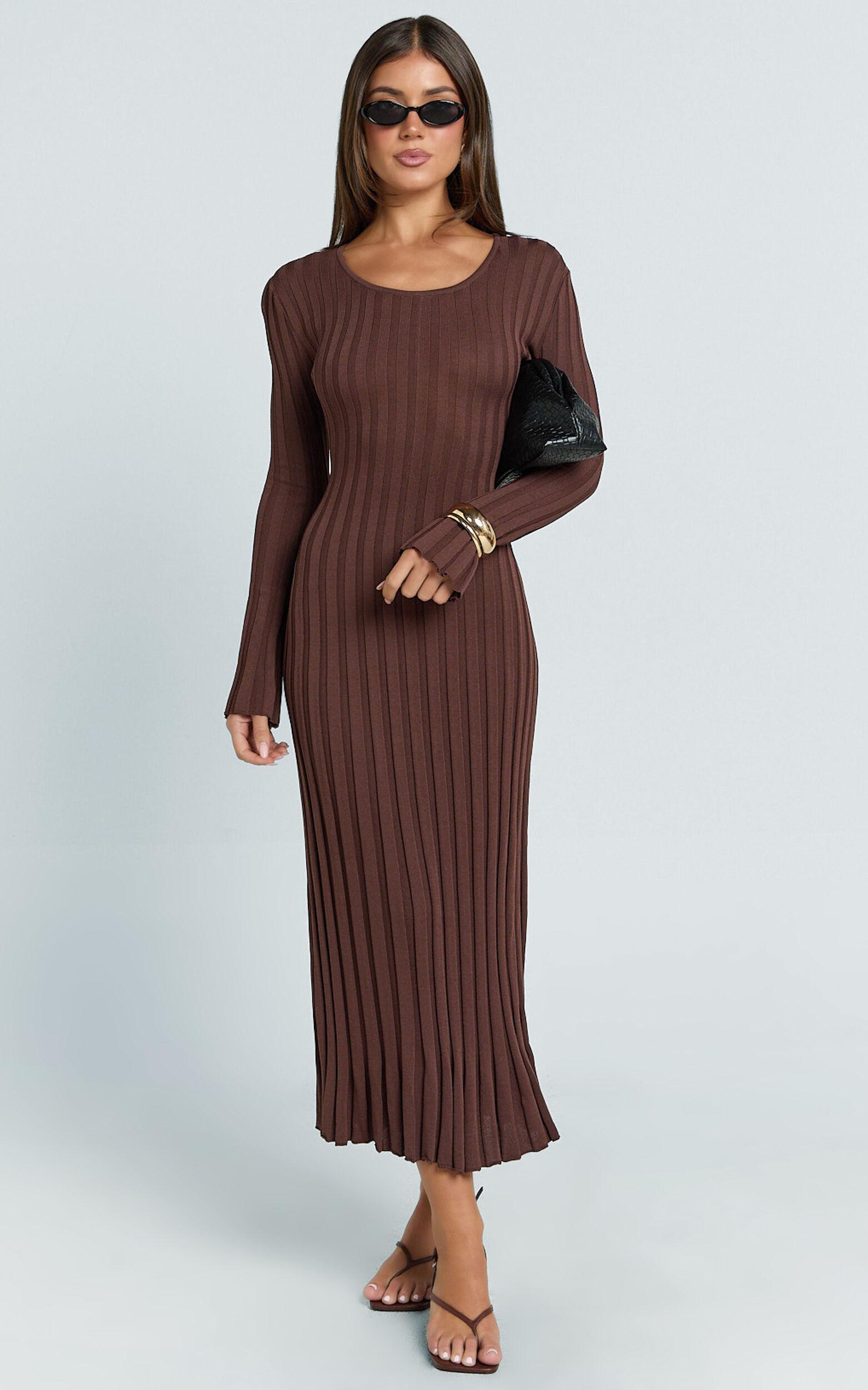 Blaire Midi Dress - Long Sleeve Tie Back Flare Dress in Dark Chocolate Product Image