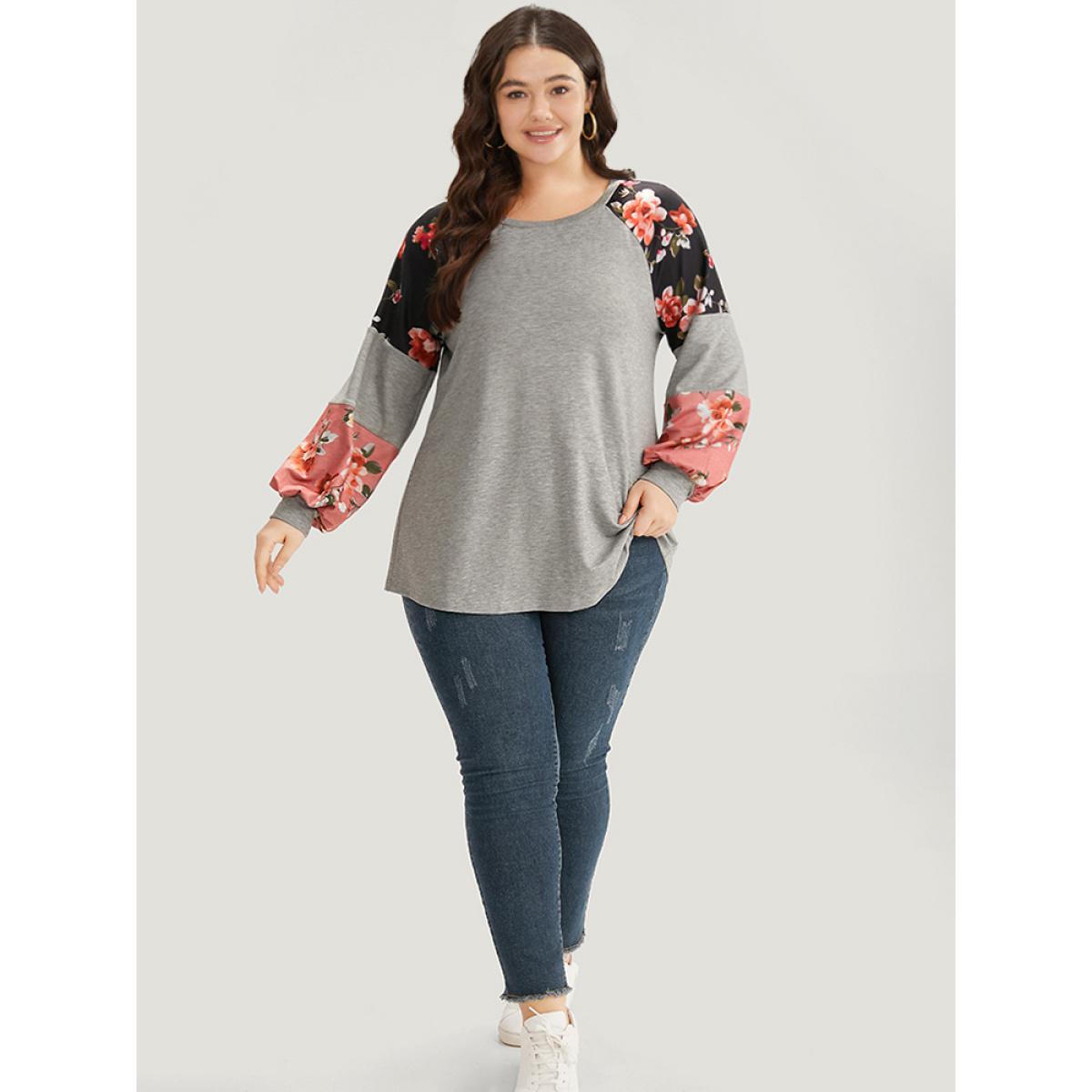 Plus Size Colorblock Contrast Floral Crew Neck Raglan Sleeve Sweatshirt Women Gray Casual Elastic cuffs Round Neck Dailywear Sweatshirts BloomChic 30/6X Product Image