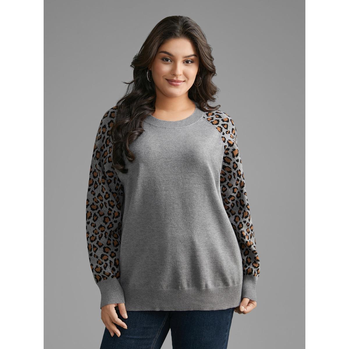 Plus Size Leopard Print Raglan Sleeve Pullover DarkGray Women Casual Loose Long Sleeve Round Neck Everyday Pullovers BloomChic 22-24/3X Product Image