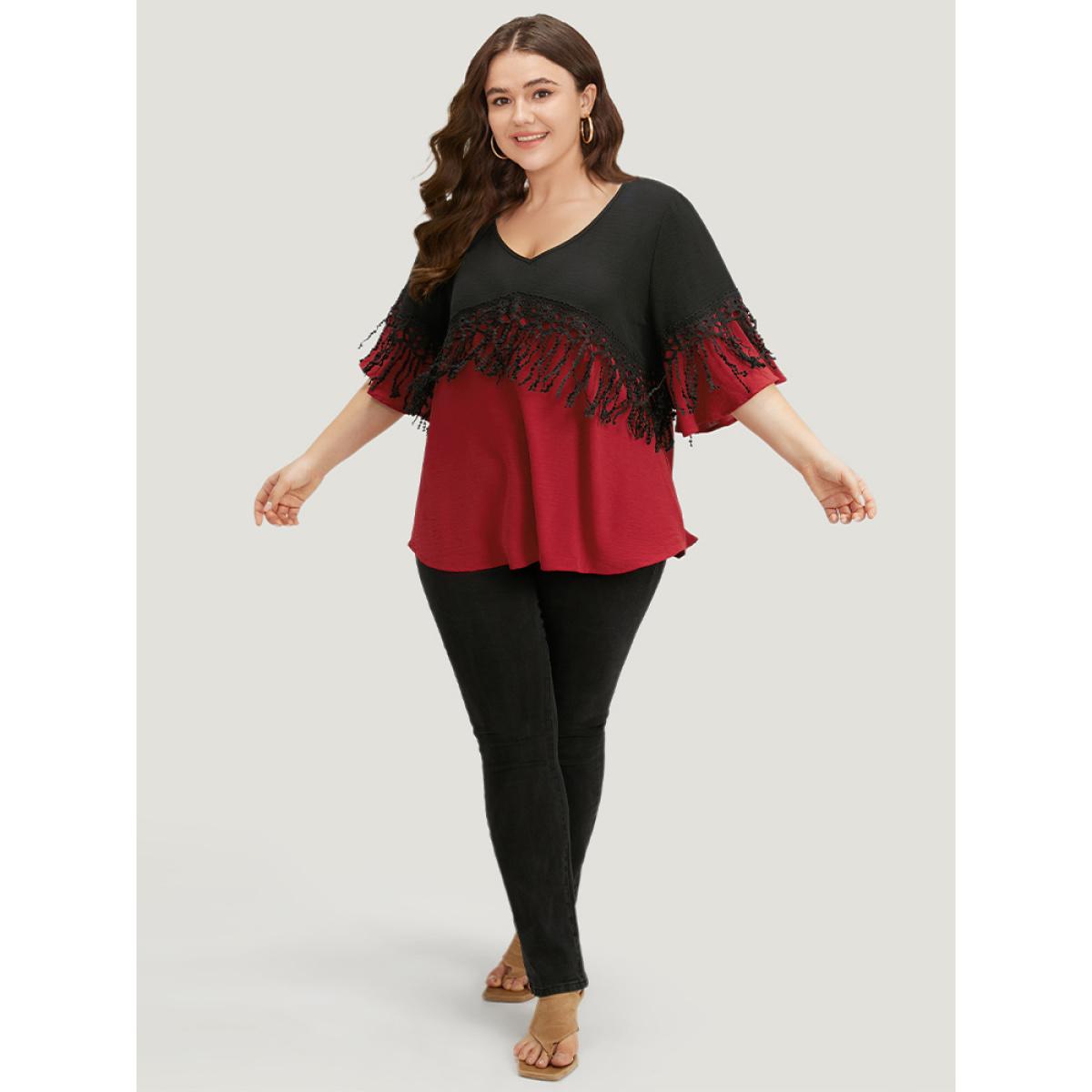 Plus Size Black Halloween Two Tone Fringe Trim Patchwork Blouse Women Elegant Short sleeve V-neck Festival-Halloween Blouses BloomChic 22-24/3X Product Image