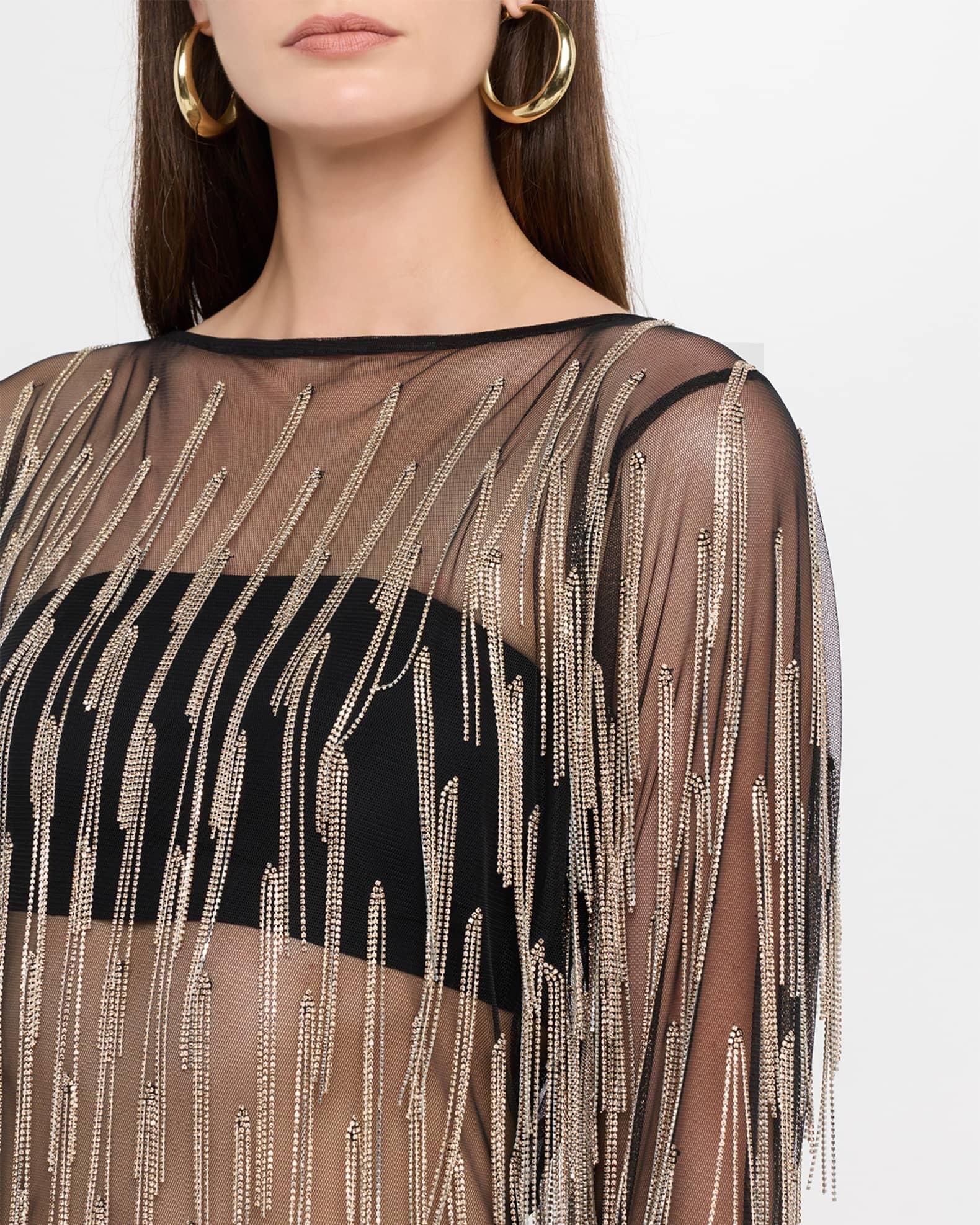 Crystal Fringe Mesh Long-Sleeve Mini Dress Product Image