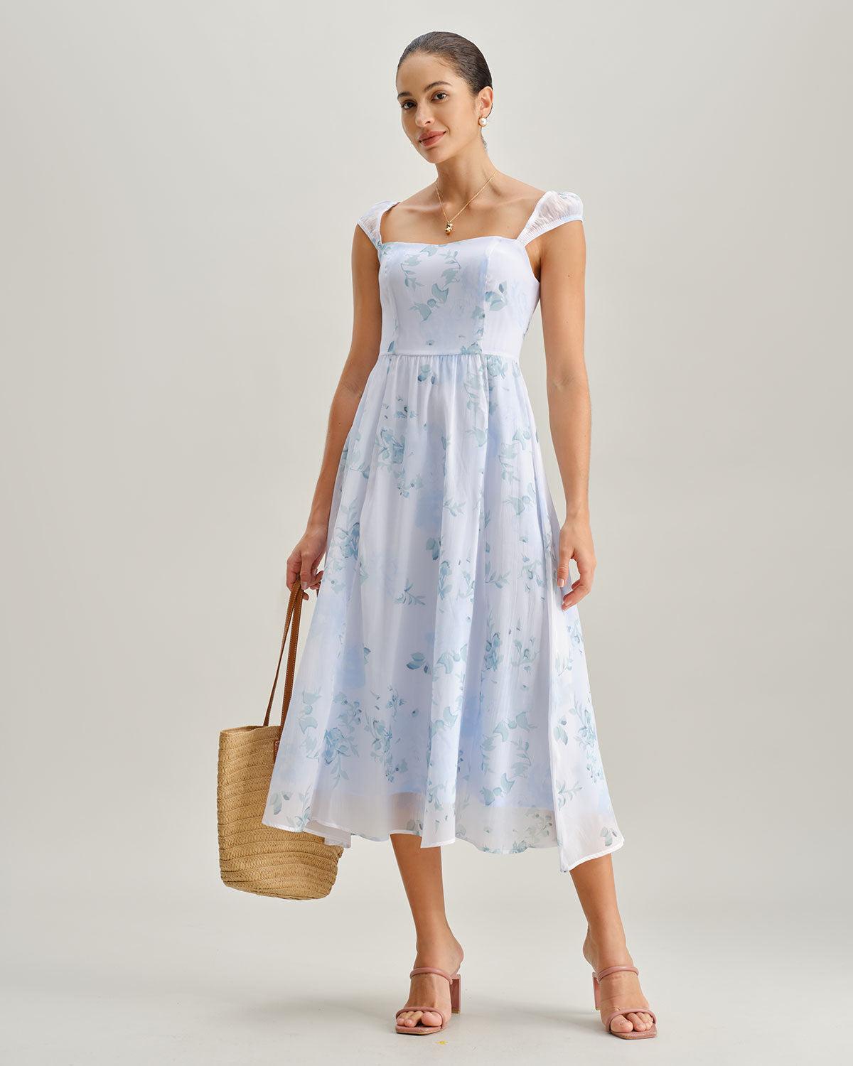 Blue Floral Sweetheart Neck Slip Midi Dress Product Image