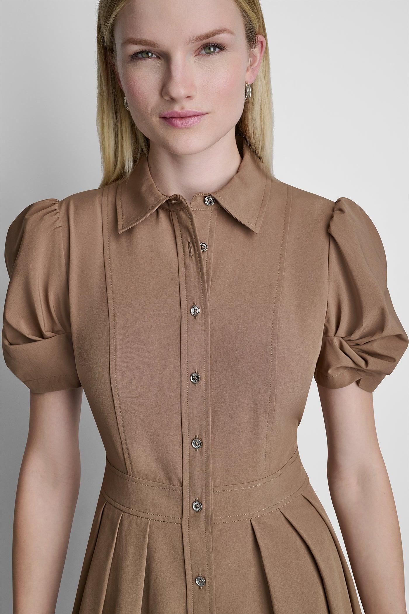 PUFF SLEEVE PLEATED MIDI SHIRT DRESS Product Image
