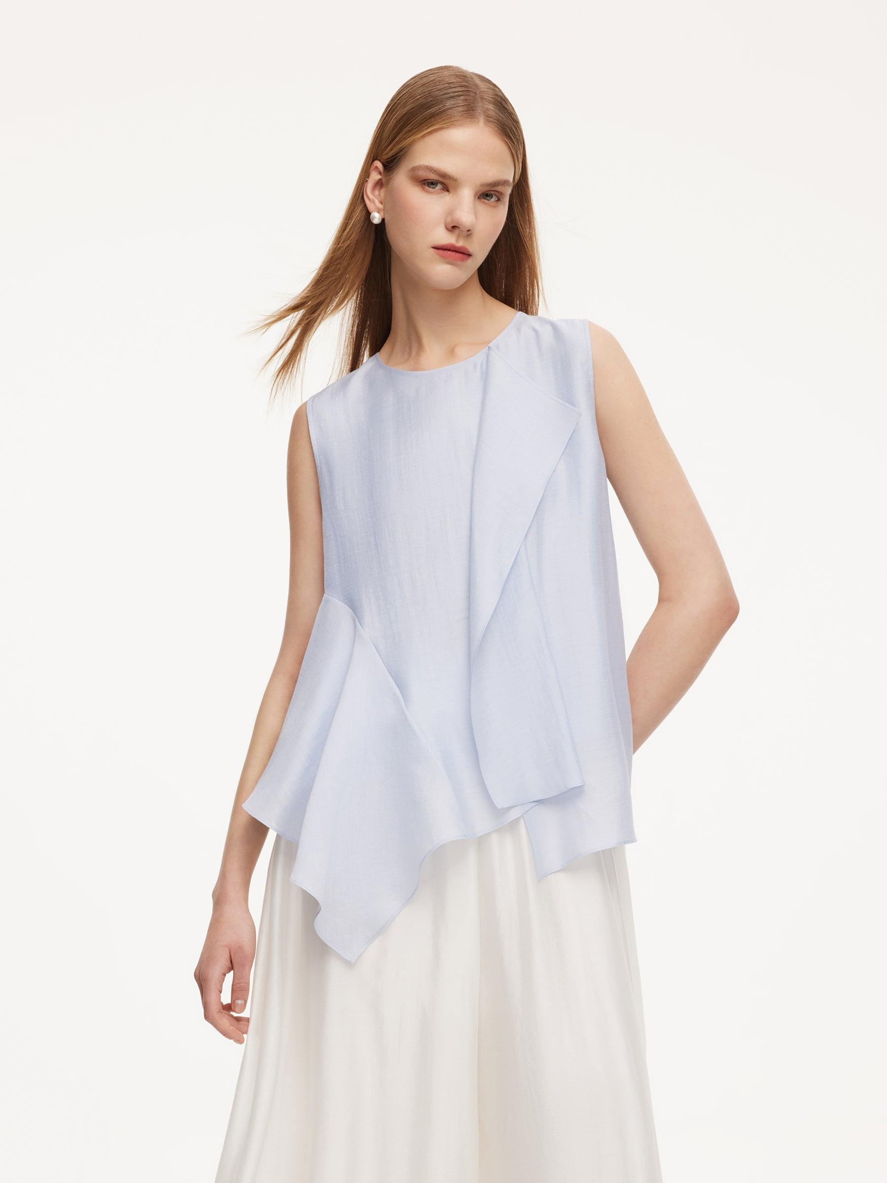 Lyocell Blend Light Blue Ruffle-Detailing Women Tank Top Product Image