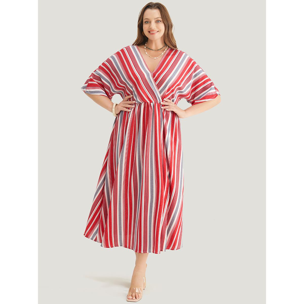 Plus Size Striped Contrast Surplice Neck Dolman Sleeve Pocket Split Hem Dress Scarlet Women Vacation Elastic Waist V-neck Half Sleeve Curvy Midi Dress BloomChic 10/M Product Image