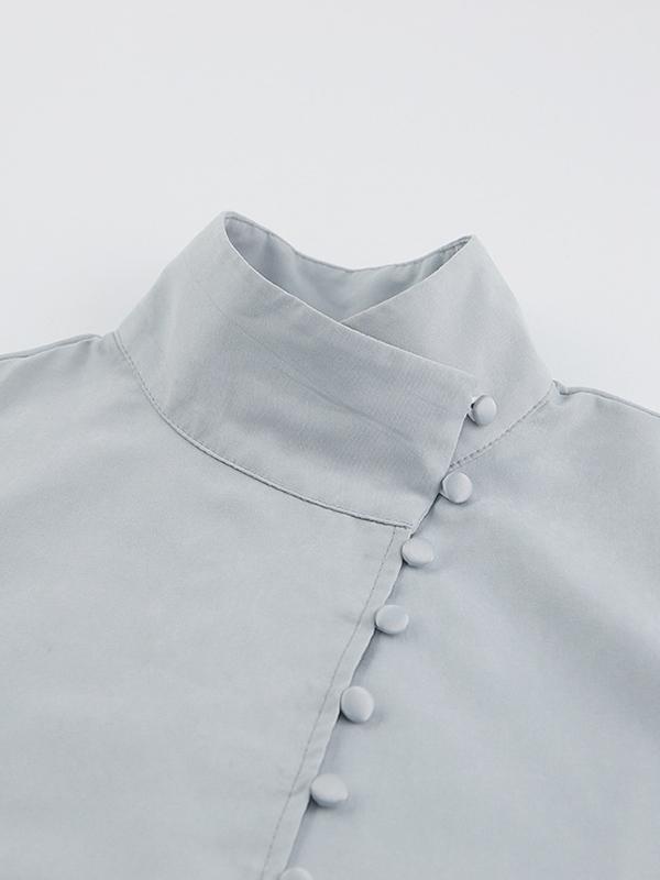 Long Sleeves Loose Solid Color Split-Joint High-Neck Blouses Product Image