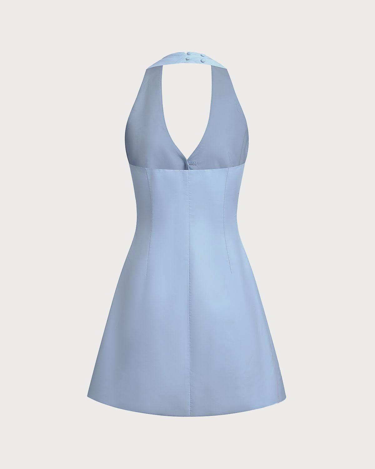 Blue Button Pocket Halter Mini Dress Product Image