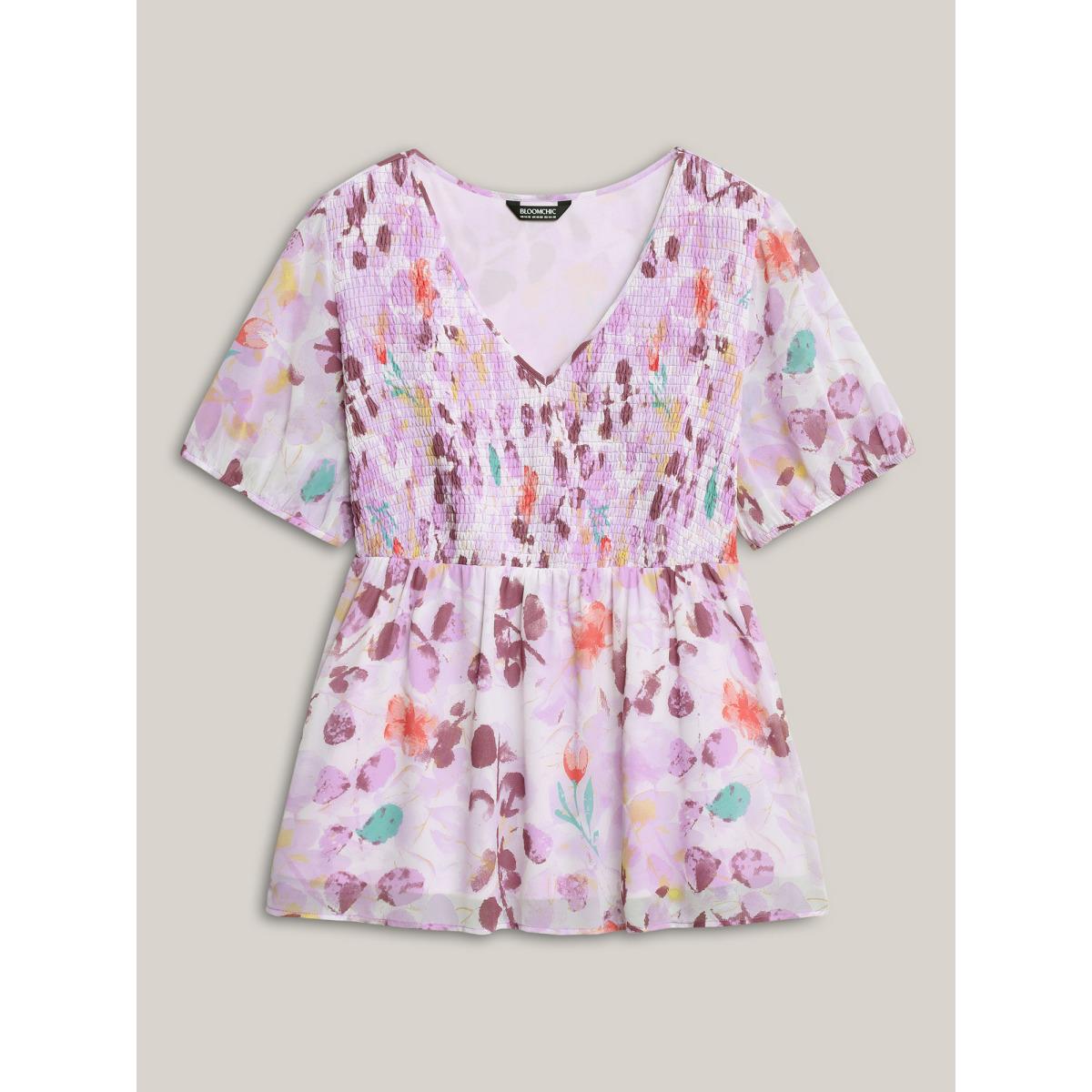 Plus Size Lilac Floral Print Shirred Bodice Blouse Women Short sleeve V-neck Elegant Blouses BloomChic 28/5X Product Image