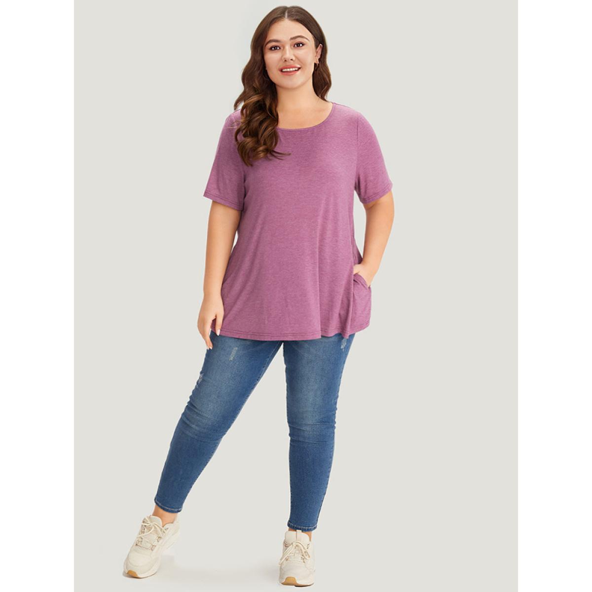 Plus Size Plain Heather Pocket Round Neck T-shirt Mauve Women Casual Plain Plain Round Neck Dailywear T-shirts BloomChic 12/L Product Image