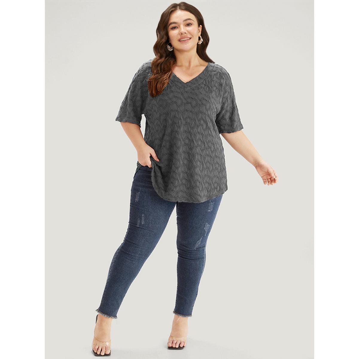 Plus Size Plain Textured V Neck Half Sleeve T-shirt Gray Women Elegant Texture Plain V-neck Dailywear T-shirts BloomChic 12/L Product Image
