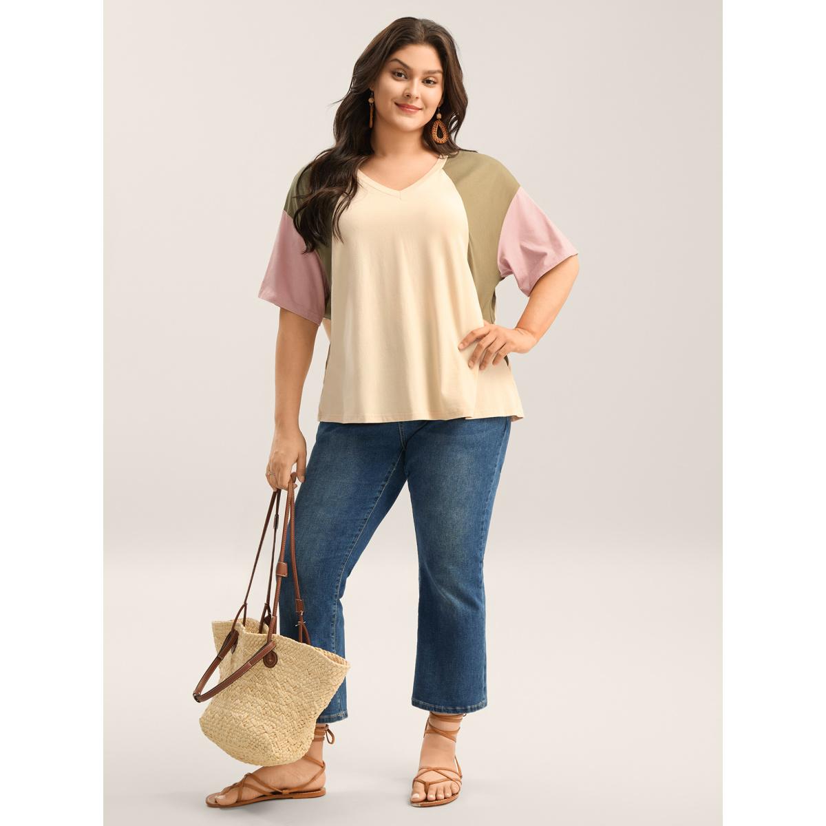Plus Size Pure Cotton Color Contrast T-Shirt Apricot Women Leisure Contrast V-neck Vacation T-shirts BloomChic 30/6X Product Image