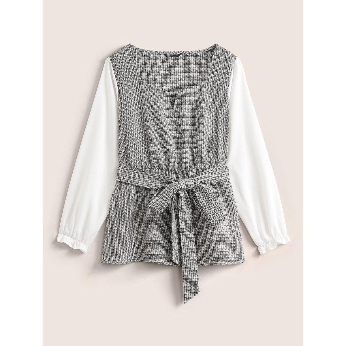 Plus Size Multicolor Notched Tweed Patchwork Belted Blouse Women Office Long Sleeve Notched collar Work Blouses BloomChic 12/L Product Image