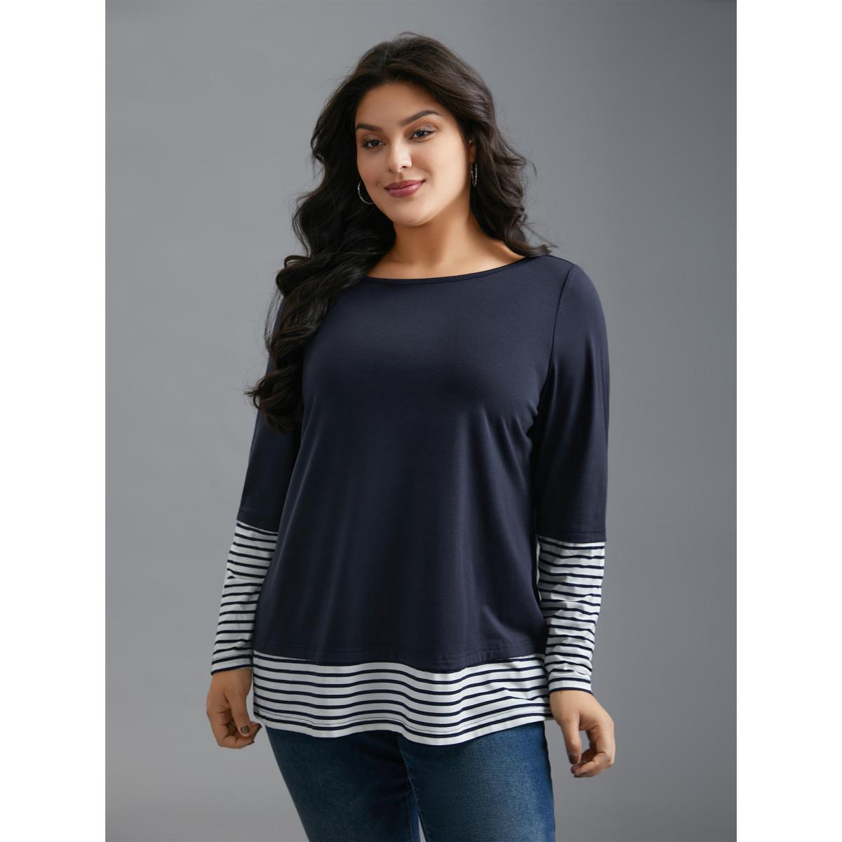 Plus Size Boat Neck Striped Patchwork T-Shirt Indigo Women Casual Contrast Boat Neck Everyday T-shirts BloomChic 28/5X Product Image