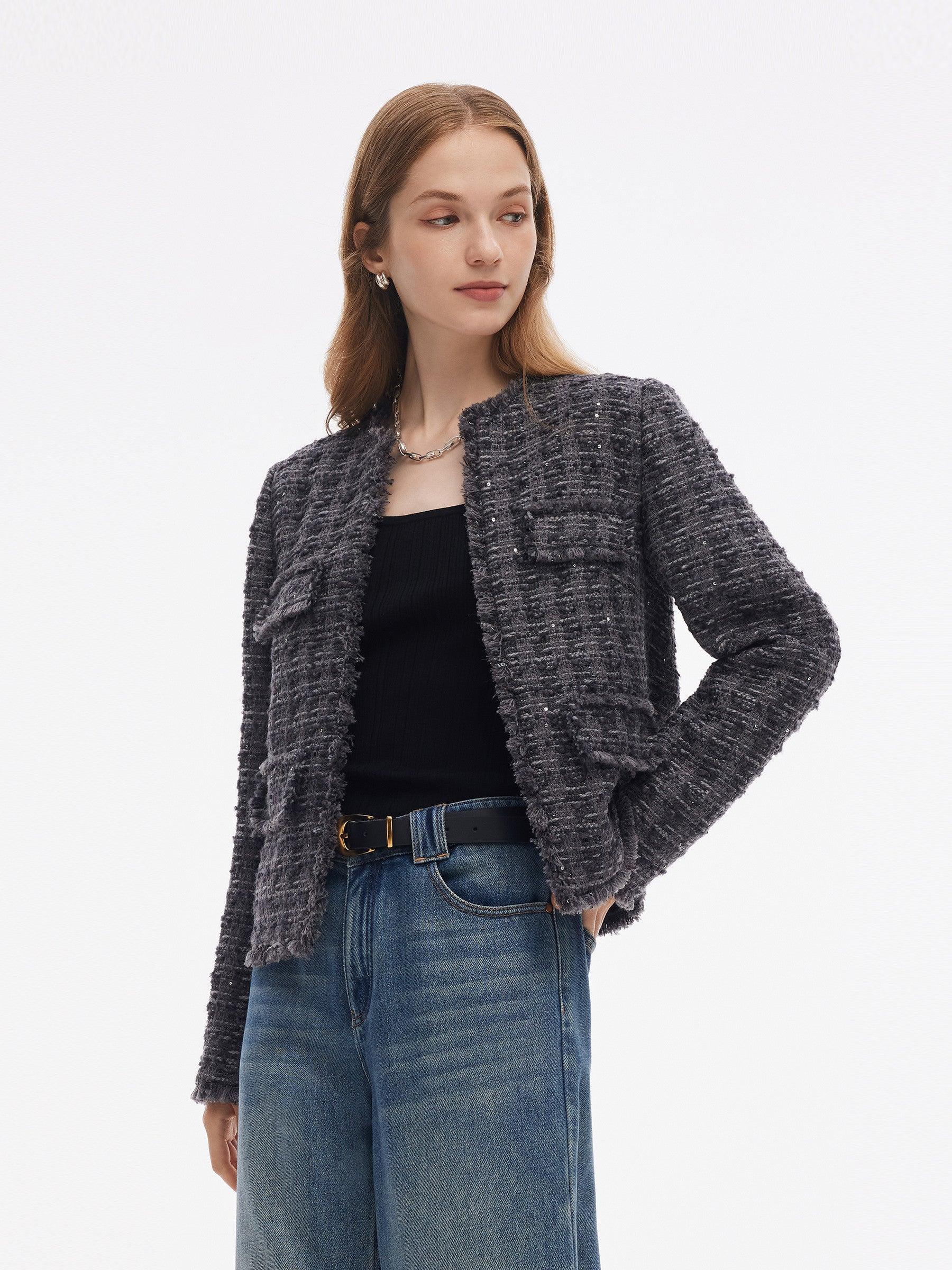 Wool Blend Sequins Tweed Women Frayed Edge Crop Jacket Product Image