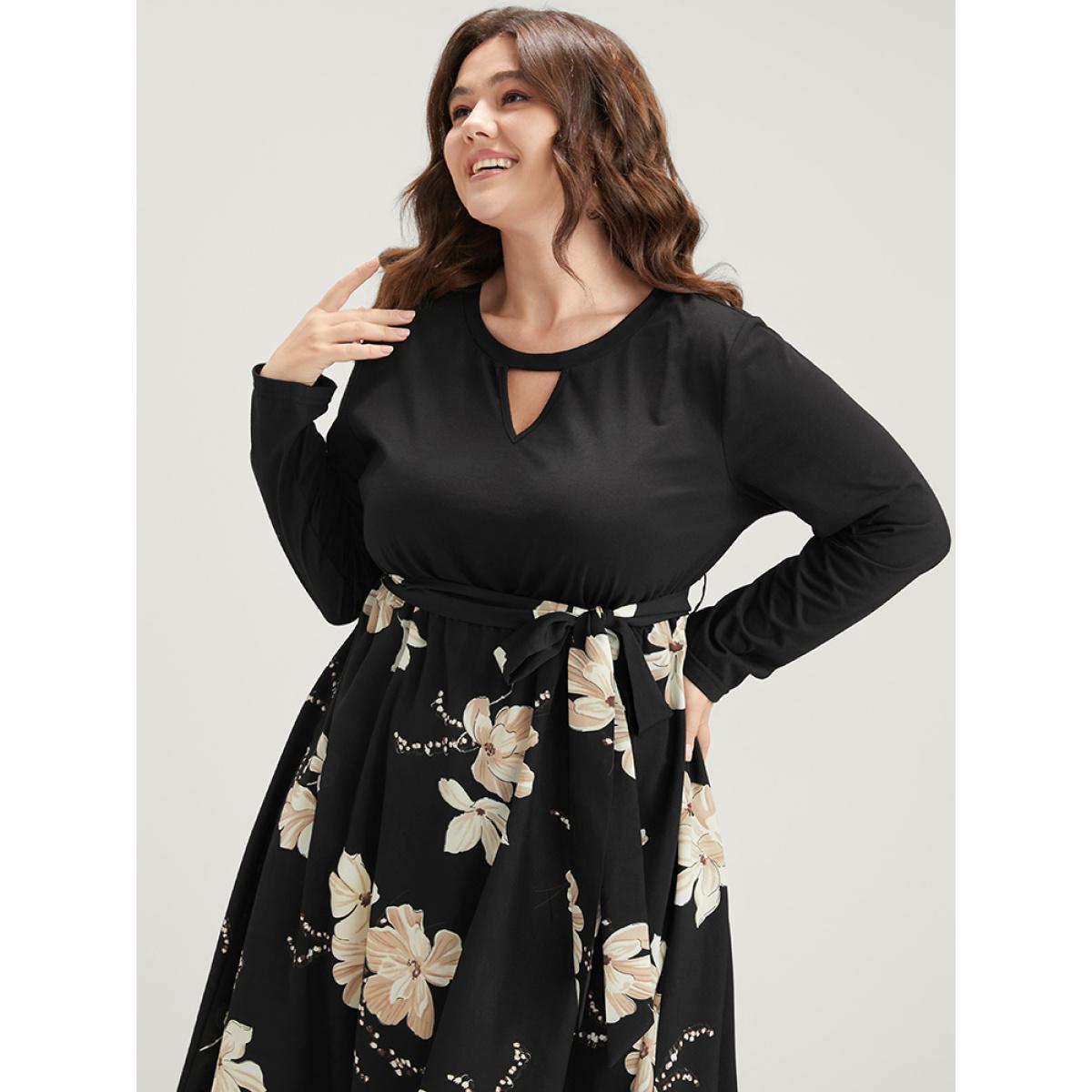 Plus Size Floral Print Keyhole Round Neck Pocket Belted Dress Multicolor Women Elegant Belted Round Neck Long Sleeve Curvy Midi Dress BloomChic 22-24/3X Product Image