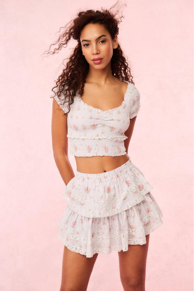 Ruffle Mini Blue Floral Skirt Product Image