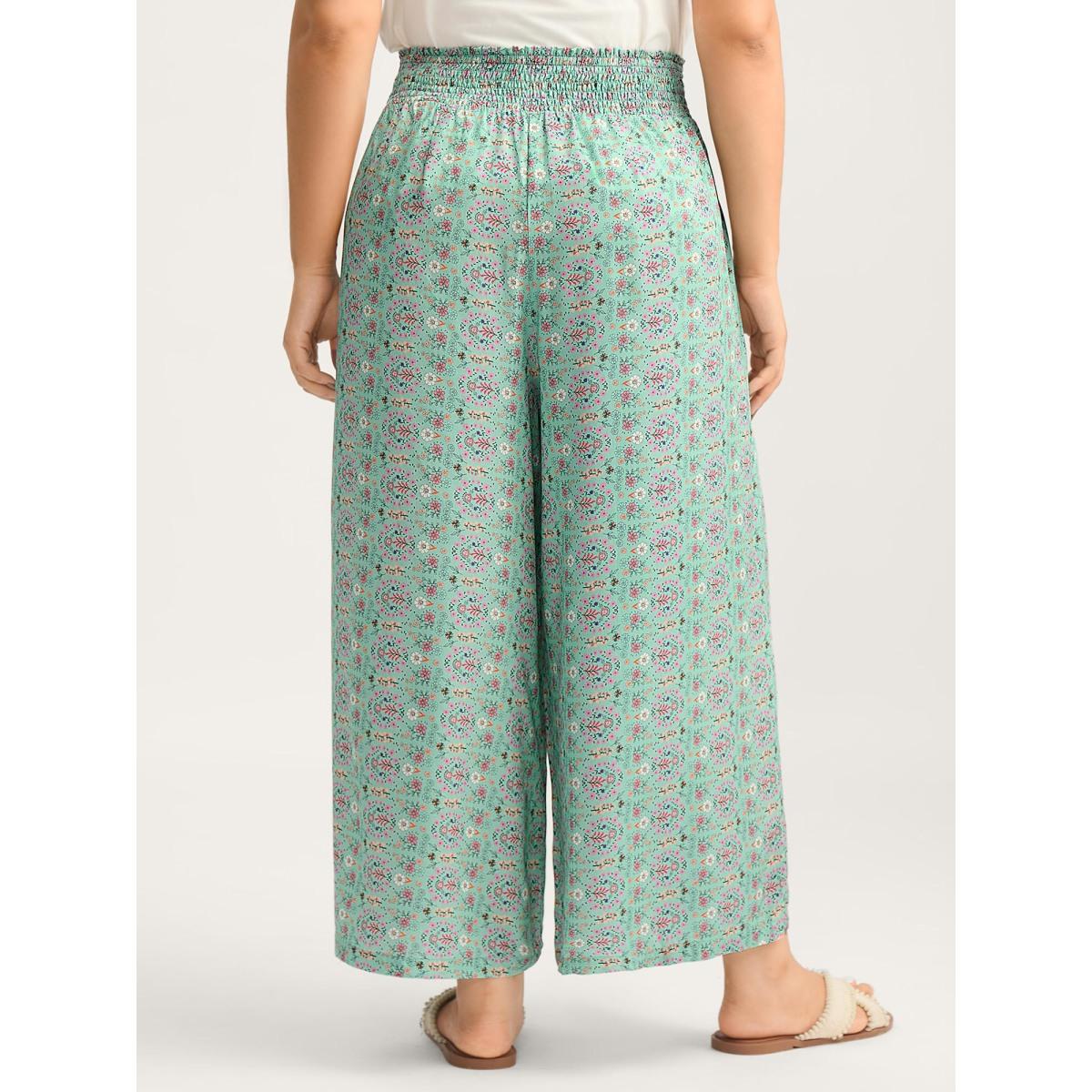 Plus Size Shirred Waist Floral Print Wide-Leg Pants Women Malachitegreen Beach Wide Leg Mid Rise Vacation Pants BloomChic 18-20/2X Product Image