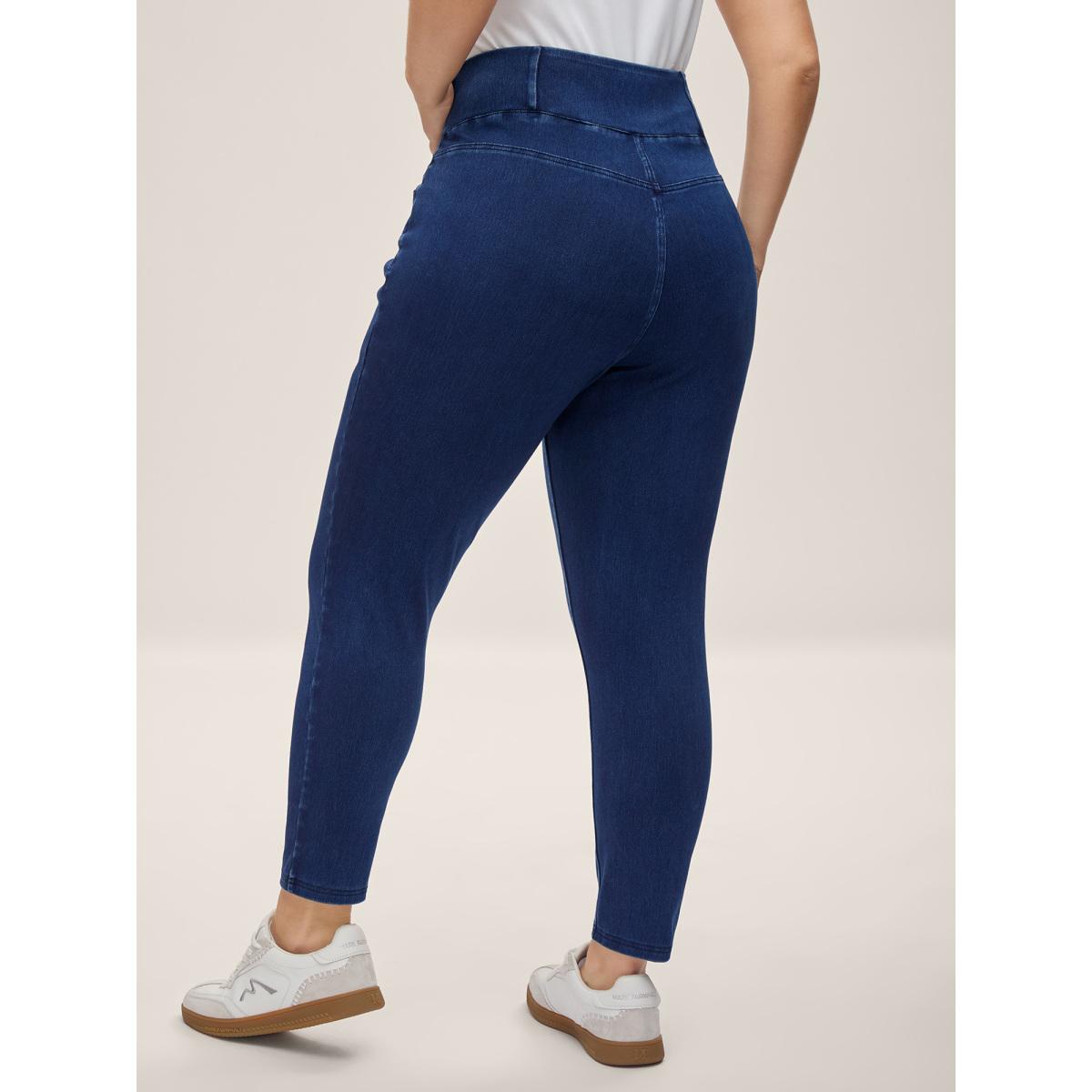 Plus Size Overlap Hem Yoga Stretch Skinny Knit Jeans Women Midblue High stretch Slanted pocket Jeans BloomChic 26/4X Product Image