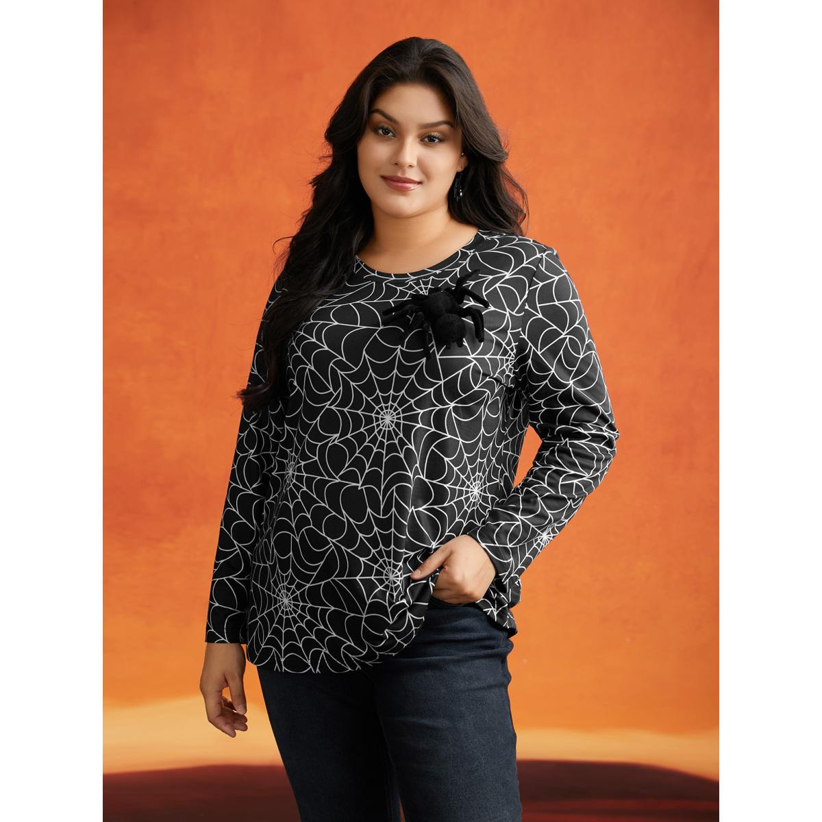 Plus Size 3D Spider Printed Slim-Fit T-shirt Black Women Casual Patchwork Halloween Round Neck Bodycon Everyday T-shirts BloomChic 14-16/1X Product Image