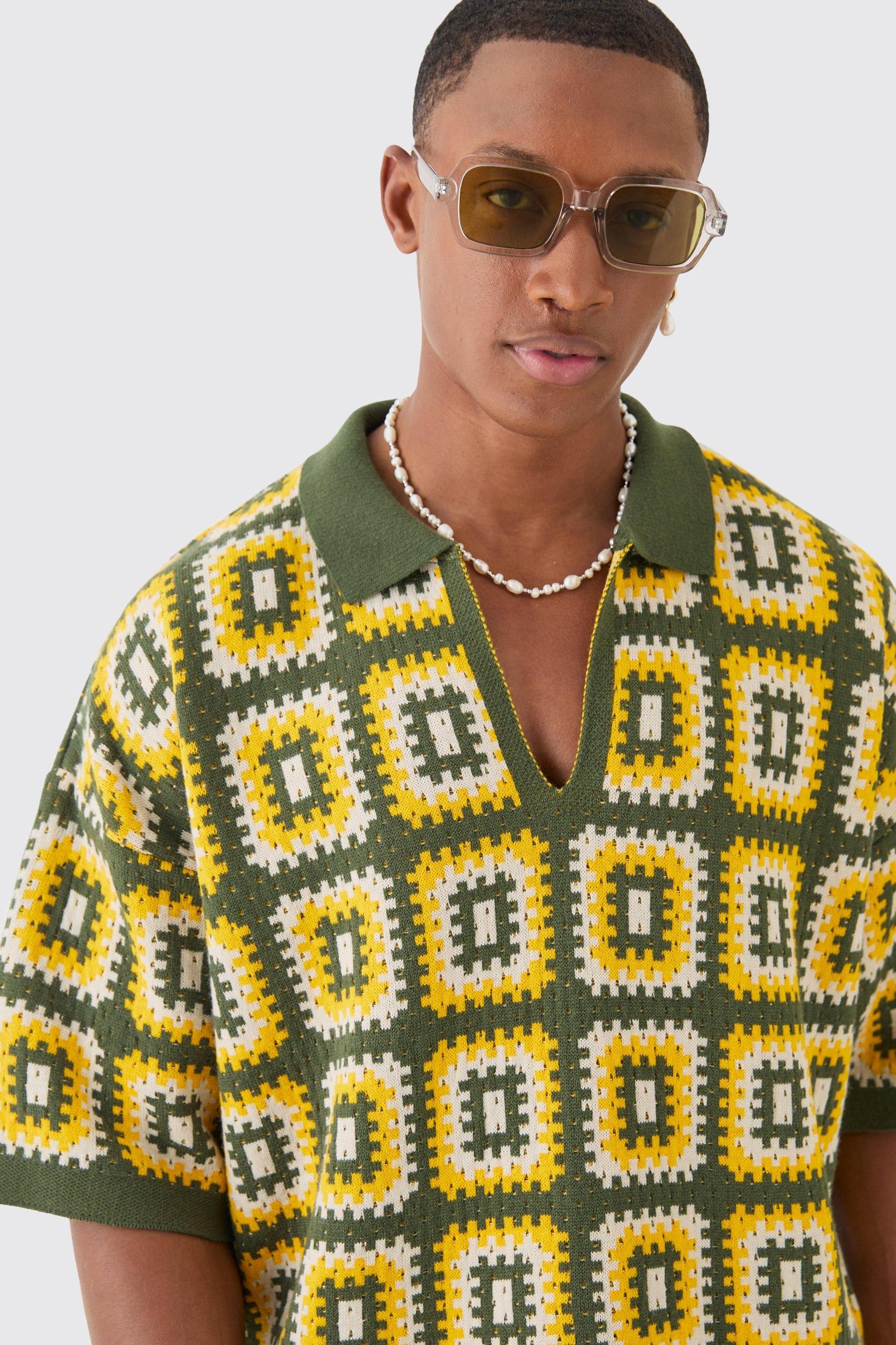 Oversized Boxy Crochet Knitted Polo | boohooMAN USA Product Image