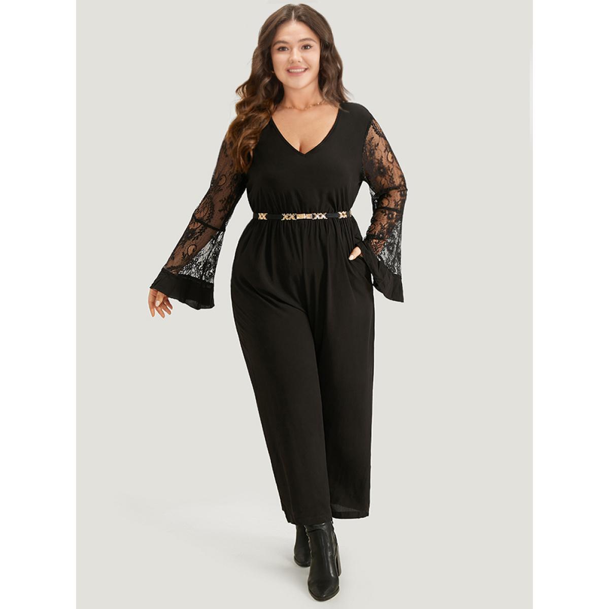Plus Size Black Halloween Plain Mesh Eyelet Lace Pocket Jumpsuit Women Elegant Long Sleeve V-neck Festival-Halloween Loose Jumpsuits BloomChic 10/M Product Image