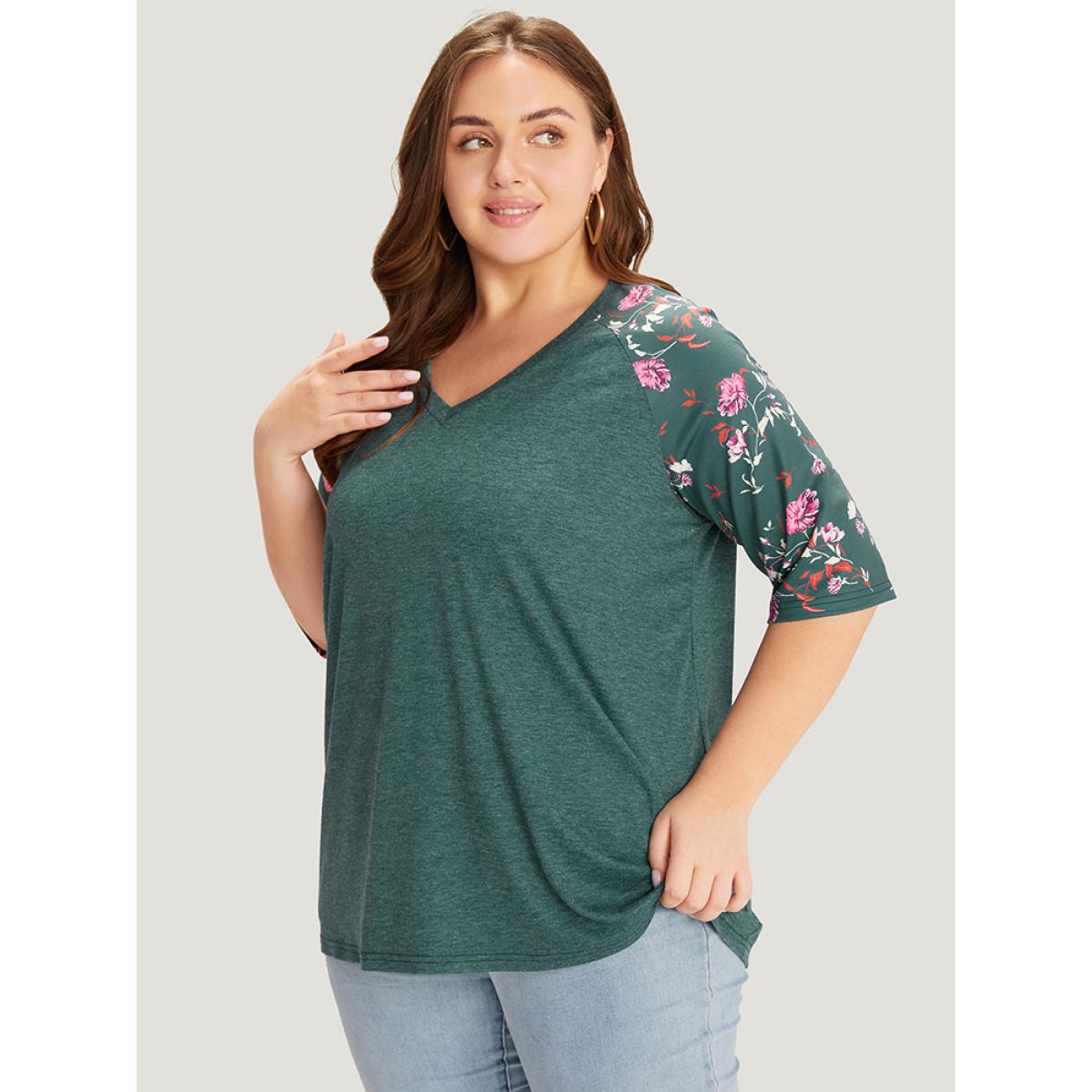 Plus Size Floral Patchwork Raglan Sleeve T-shirt DarkGreen Women Elegant Patchwork Floral V-neck Work T-shirts BloomChic 12/L Product Image