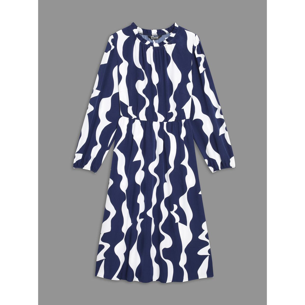 Plus Size Round Neck Color Contrast Frill Trim Dress Navy Women Elegant Frill Trim Round Neck Long Sleeve Curvy BloomChic 18-20/2X Product Image