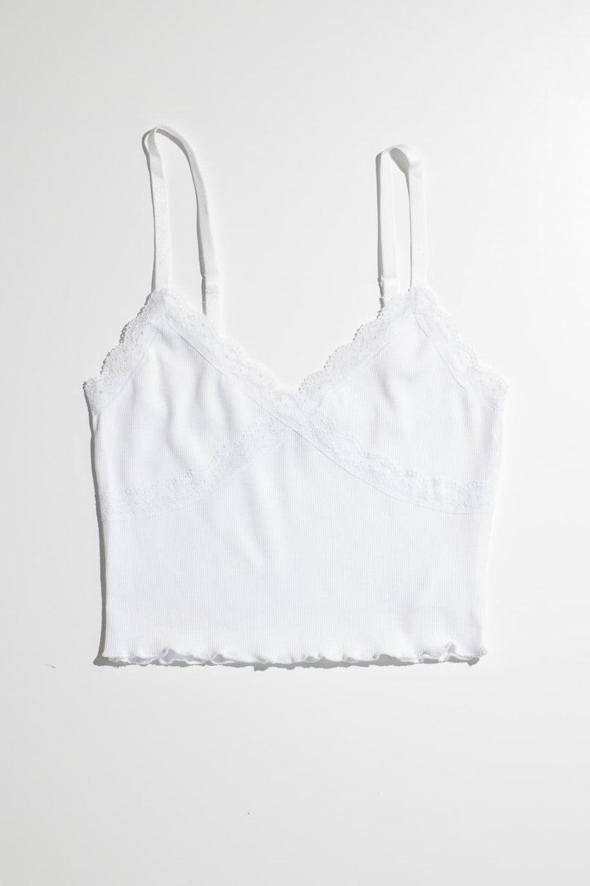 White Lace Trim Ribbed Crop Cami Product Image