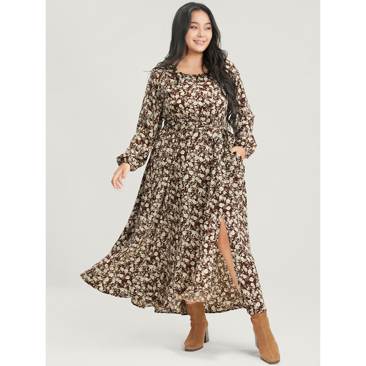 Plus Size Floral Pocket Lantern Sleeve Belted Split Hem Dress DarkBrown Women Elegant Belted Round Neck Long Sleeve Curvy Long Dress BloomChic 22-24/3X Product Image