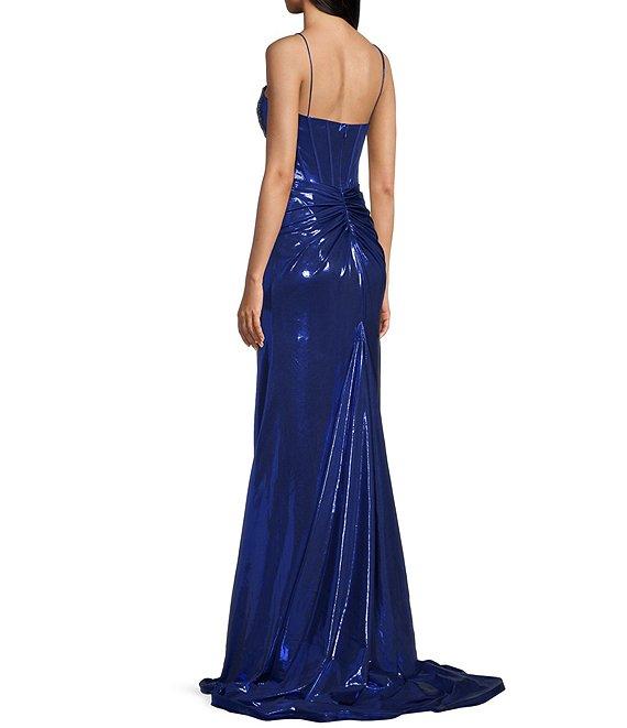 Jovani Metallic Sweetheart Neck Fitted Corset Beaded Bodice Side Slit Dress Product Image