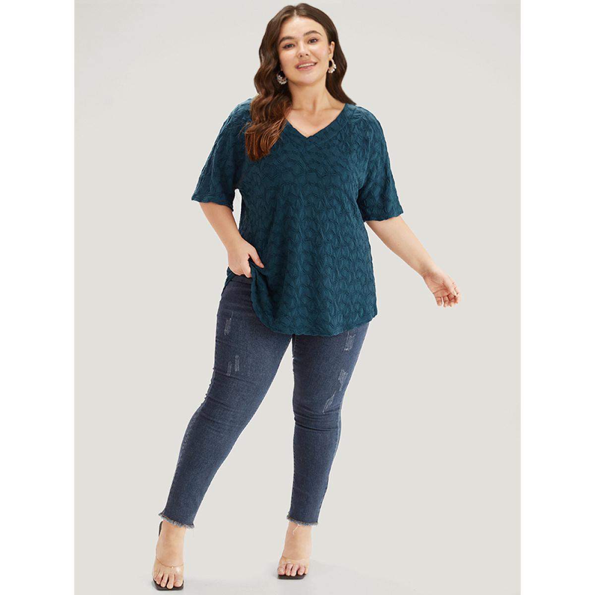 Plus Size Plain Textured V Neck Half Sleeve T-shirt Cyan Women Elegant Texture Plain V-neck Dailywear T-shirts BloomChic 30/6X Product Image