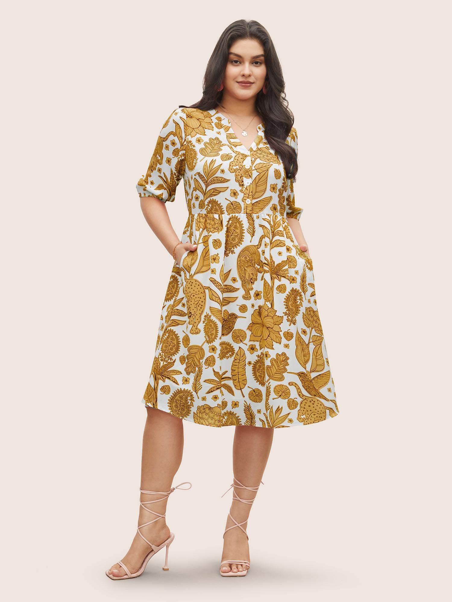 Plus Size Plants & Animal Print Notched Lantern Sleeve Dress DarkGreen Women Resort Non Notched collar Short sleeve Curvy Midi Dress BloomChic 28/5X Product Image