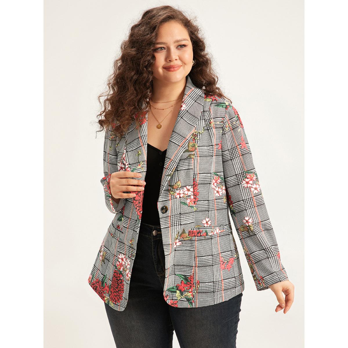 Plus Size Floral Plaid Patchwork Pocket Blazer Multicolor Women Dailywear Plaid Printed Sleeve Long Sleeve Lapel Collar 28/5X Pocket Elegant Blazers BloomChic Product Image