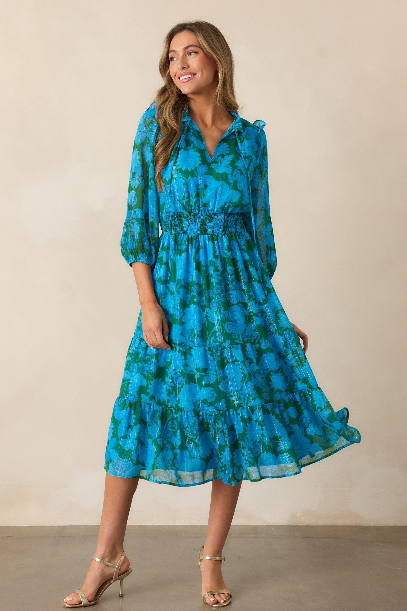 Rising Tides Blue Floral Long Sleeve Midi Dress Product Image