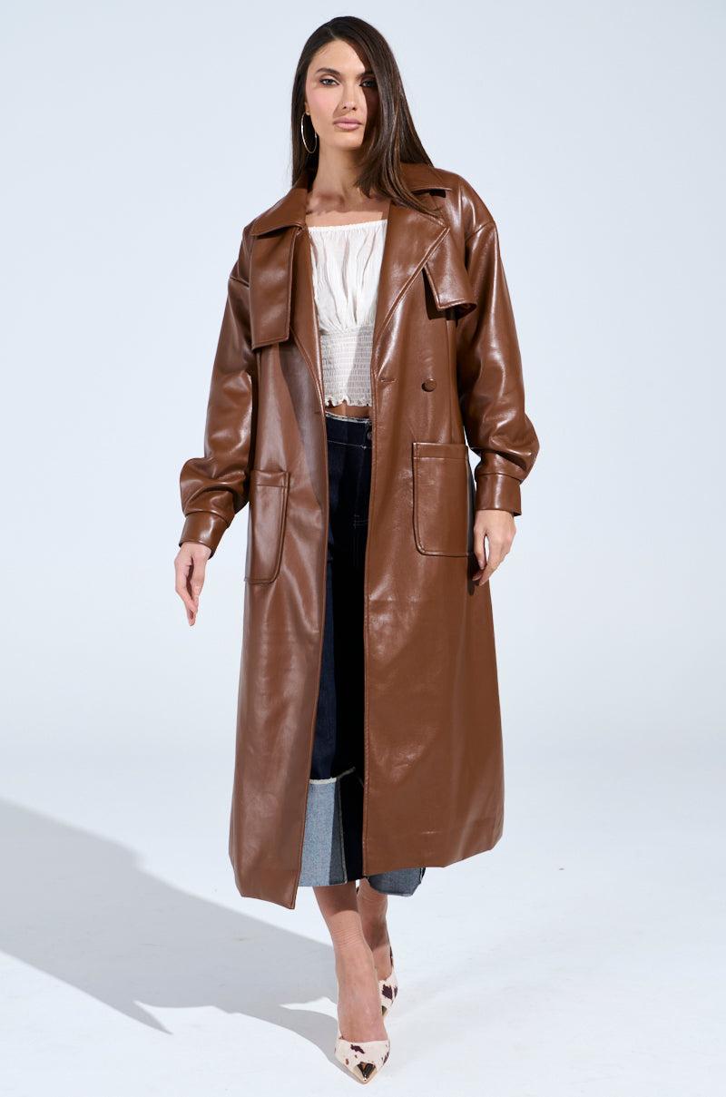 BUTTER LUXE FAUX LEATHER TRENCH IN BROWN Product Image
