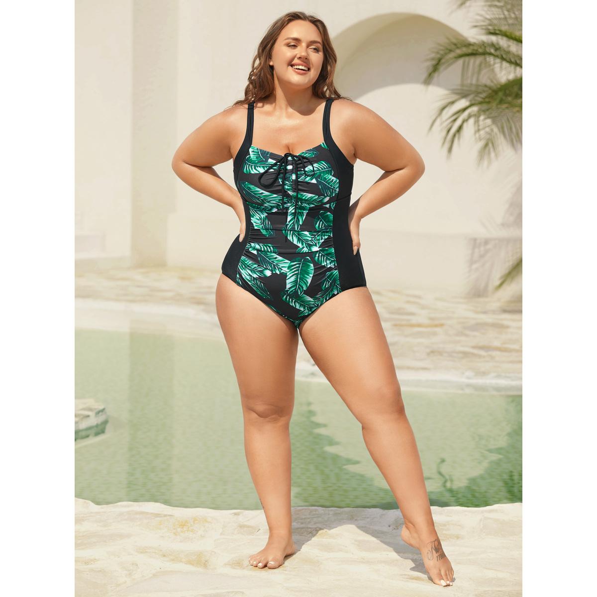 Plus Size Tropical Pattern Tied One-Piece Swimsuit Women's Swimwear Black Beach Gathered Curve Bathing Suits High stretch One Pieces BloomChic 30/6X Product Image
