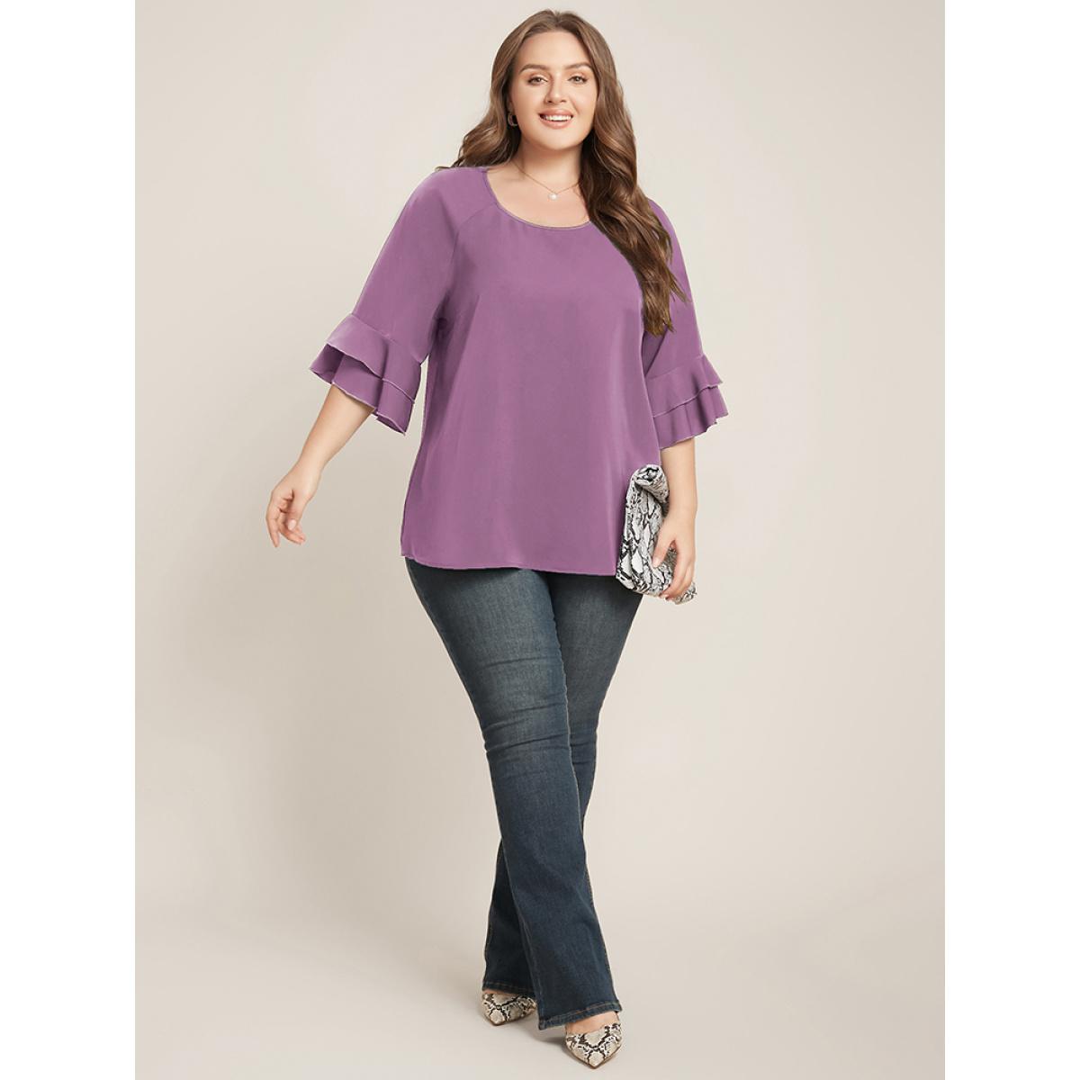 Plus Size Mauve Plain Ruffle Tiered Round Neck Blouse Women Work From Home Elbow-length sleeve Round Neck Work Blouses BloomChic 14-16/1X Product Image