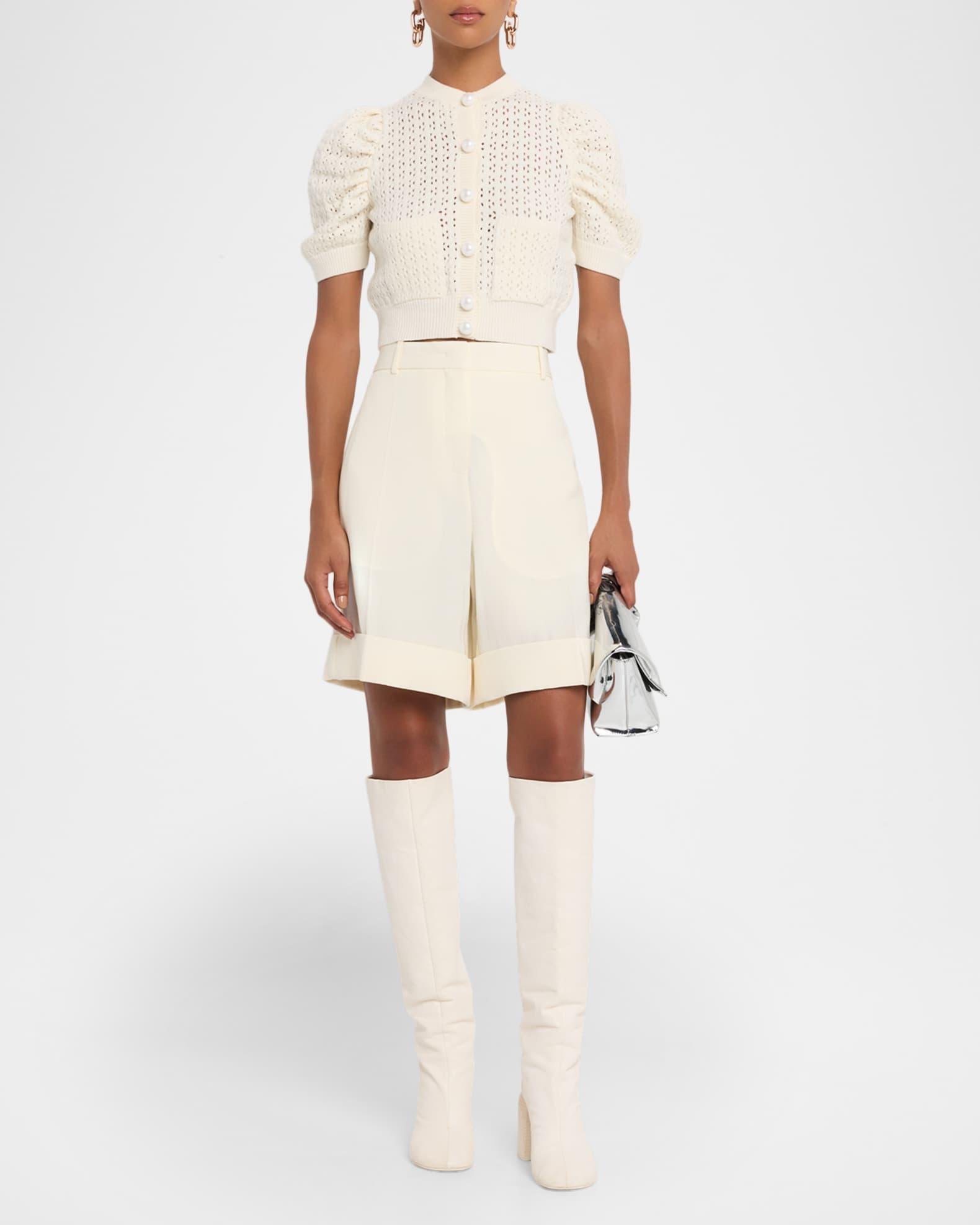 Pointelle Knit Puff-Sleeve Crop Cardigan Product Image