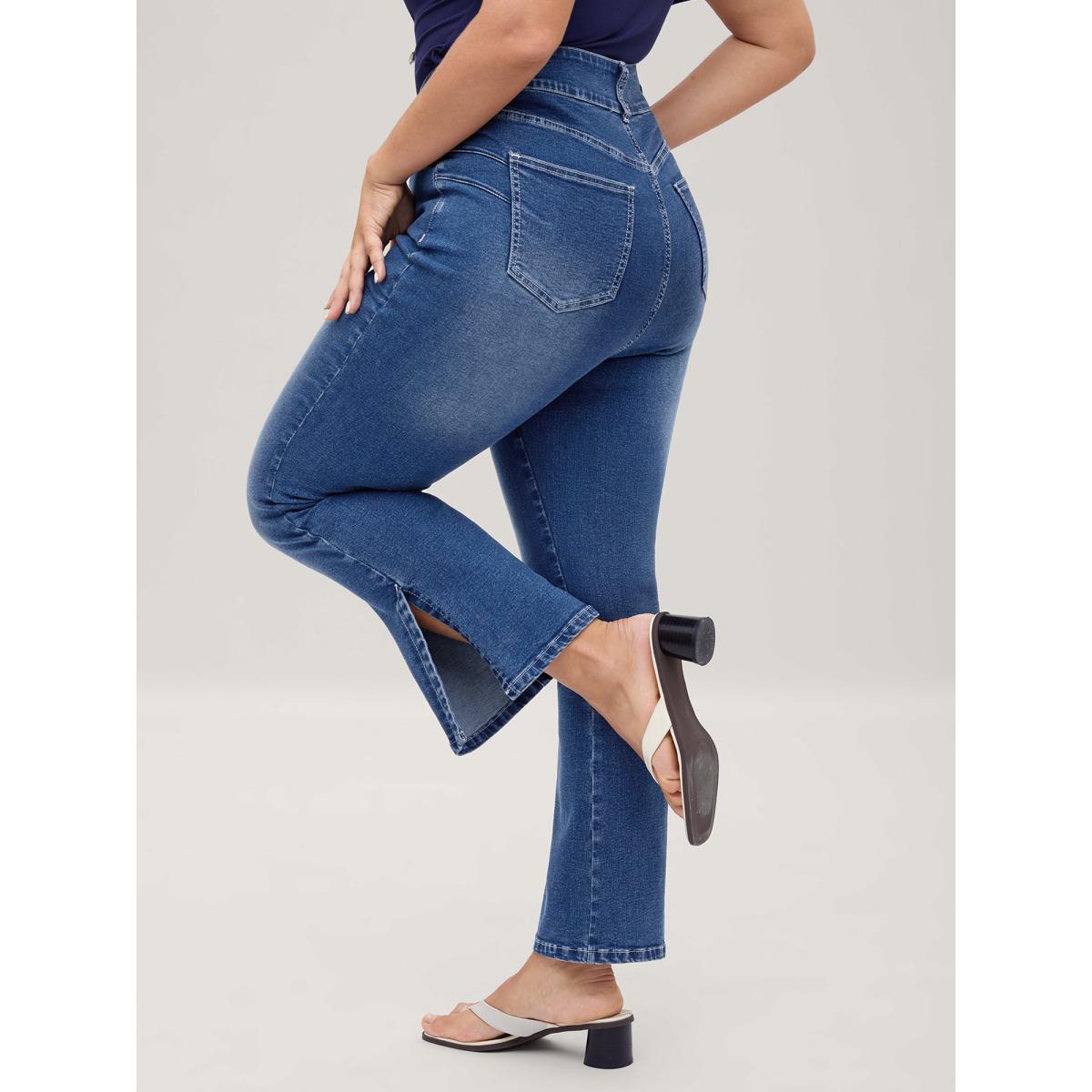 Plus Size Stretch No-Gap Waist Slit Hem Jeans Women Midblue Casual Slit High stretch Slanted pocket Jeans BloomChic 10/M Product Image