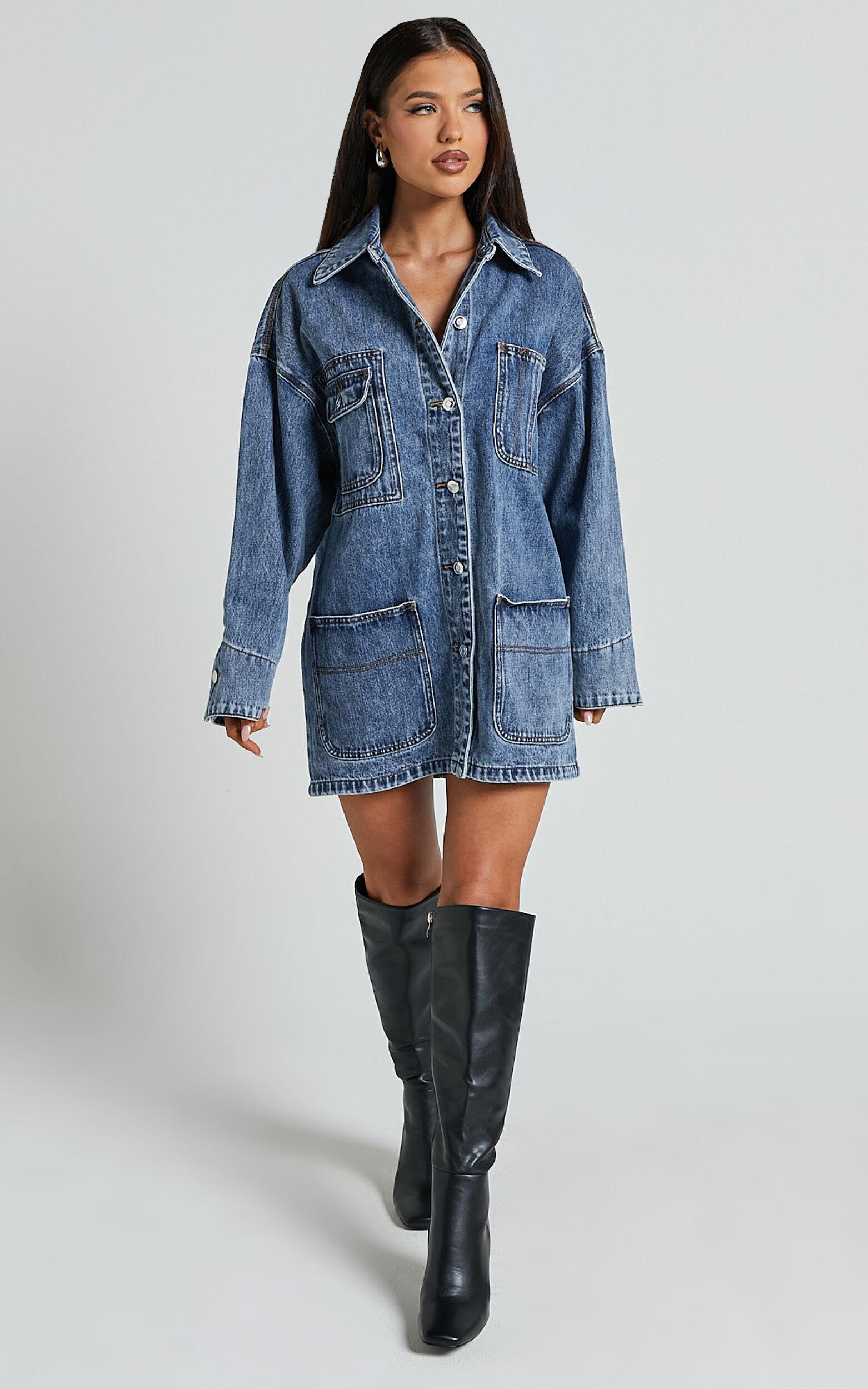 Harlow Jacket - Oversized Long Sleeve Denim Jacket in Mid Blue Wash Product Image