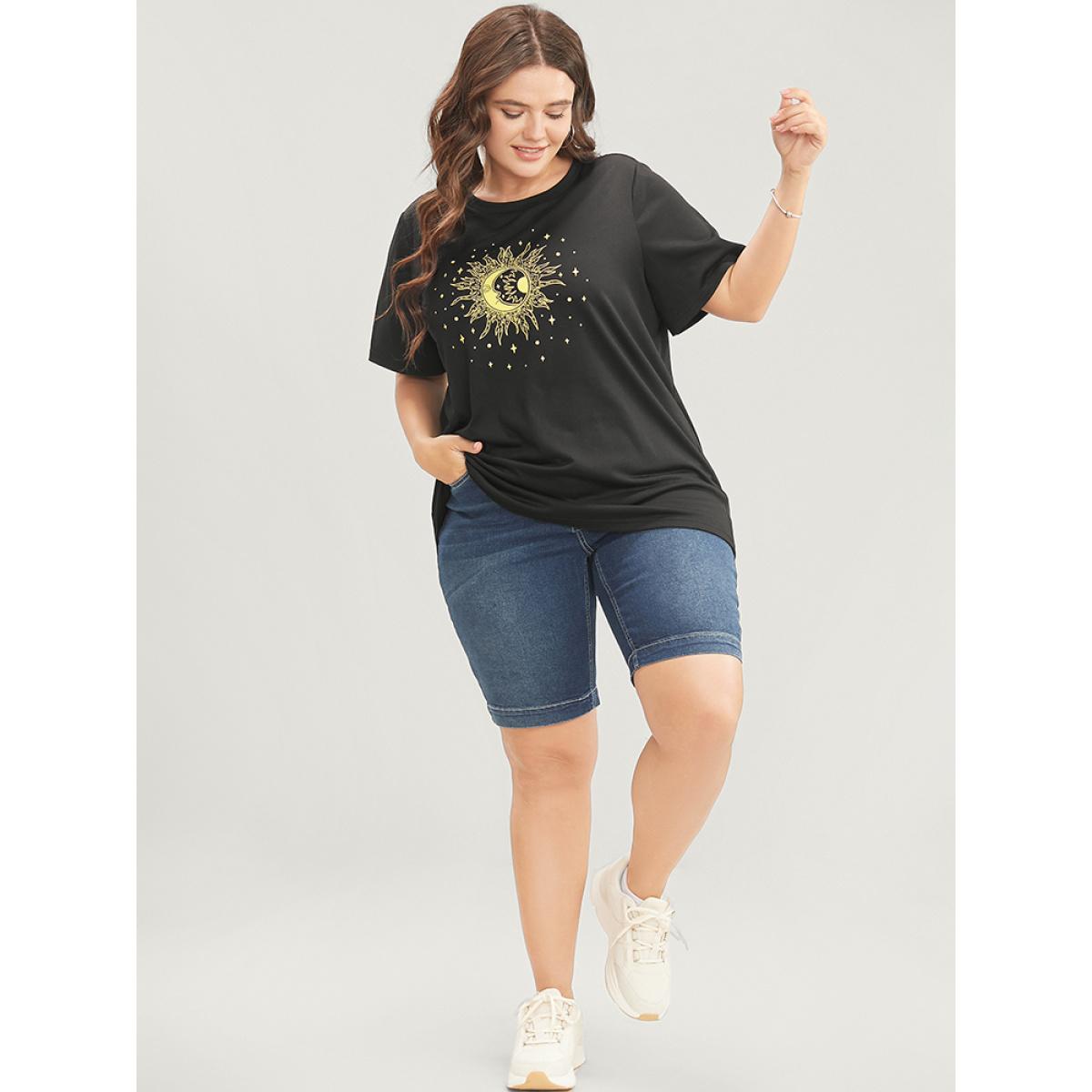 Plus Size Moon And Star Round Neck T-shirt DimGray Women Casual Printed Star and moon Dailywear T-shirts BloomChic 14-16/1X Product Image