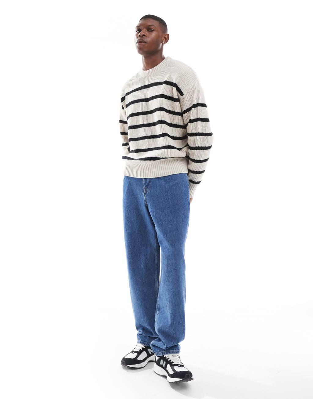 Bershka striped knit sweater in ecru Product Image