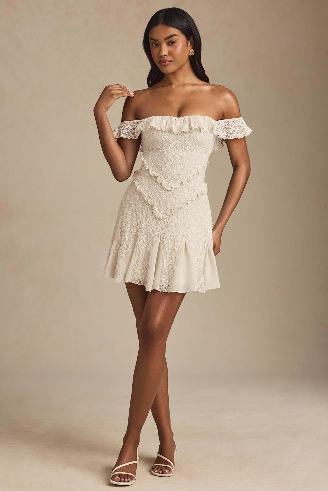 Off-Shoulder Lace A-Line Mini Dress in Ivory Product Image