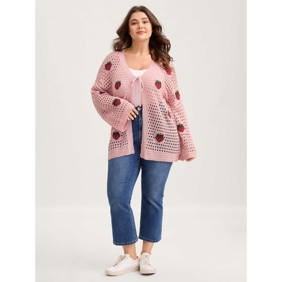 Plus Size Strawberry Jacquard Embroidery Tie Knit Cardigan Nudepink Women Playful Loose Long Sleeve Casual Cardigans BloomChic 30/6X Product Image