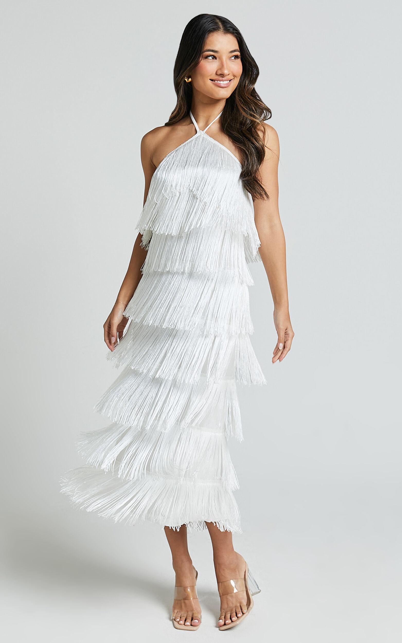 Trixie Maxi Dress - Diamond Halter Neck Fringe Tiered Dress in White Product Image