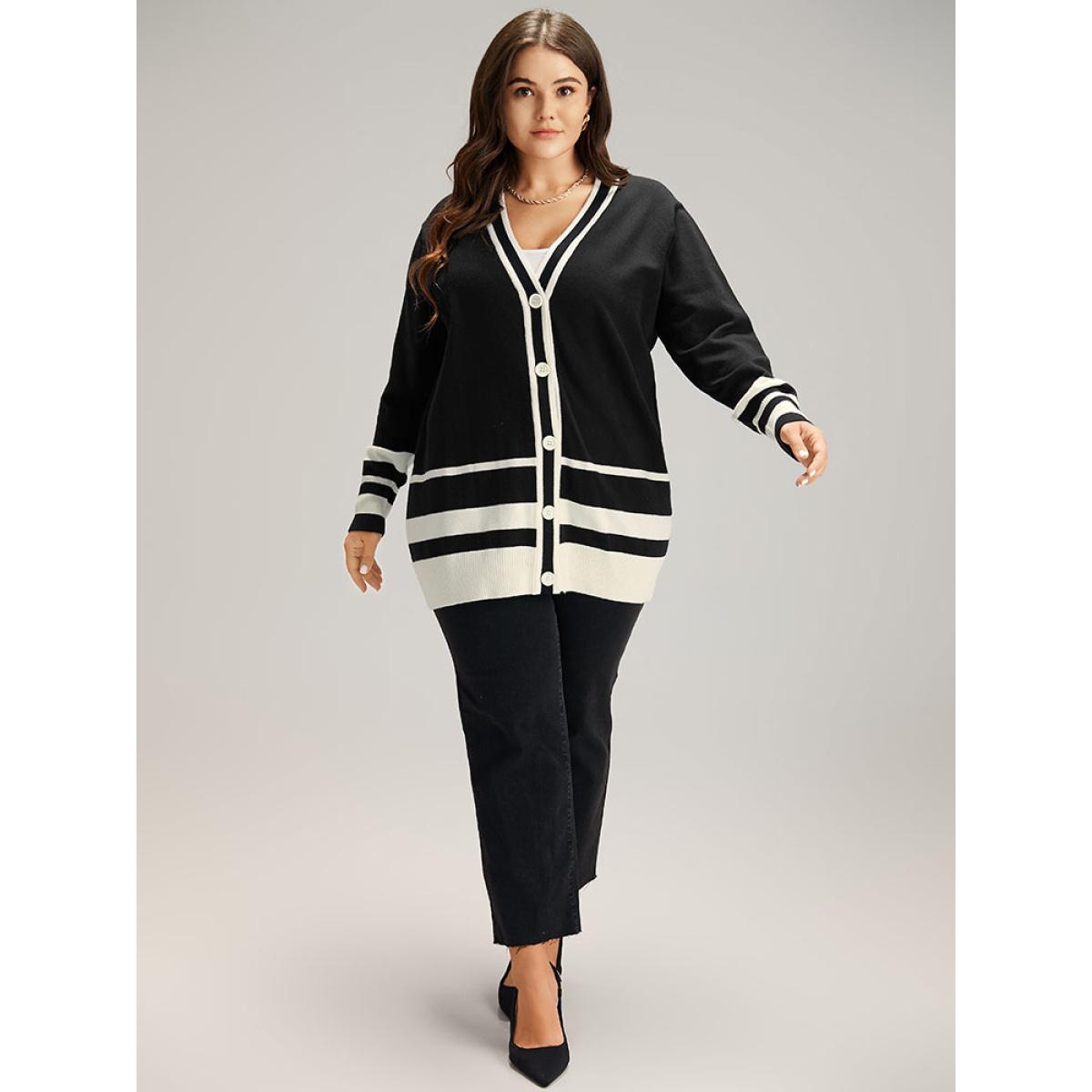 Plus Size Supersoft Essentials Anti-Pilling Contrast Button Up Cardigan Black Women Casual Loose Long Sleeve Dailywear Cardigans BloomChic 10/M Product Image