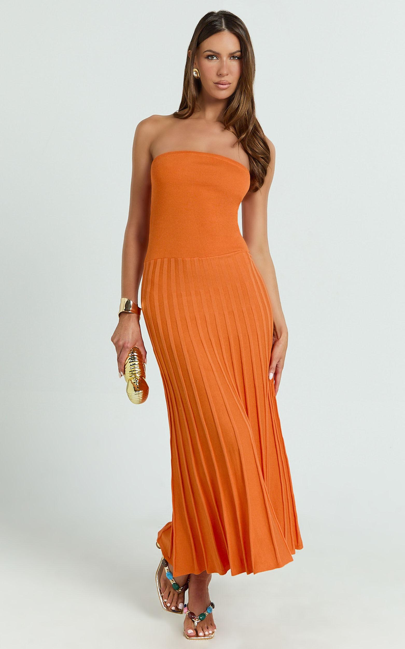 Paris Midi Dress - Strapless Drop Waist Pleated Knit Dress in Orange Product Image