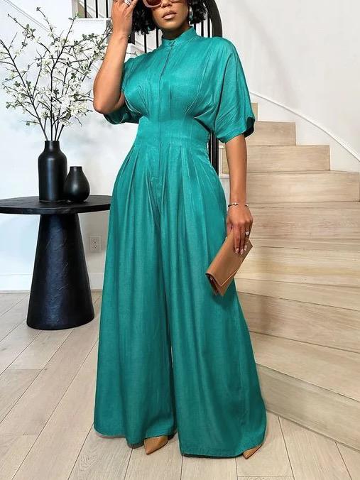 Half Sleeves High Waisted Pleated Solid Color Mock Neck Jumpsuits Product Image