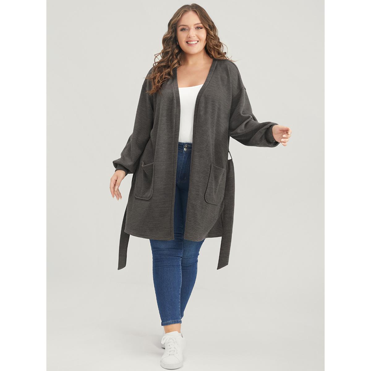 Plus Size Solid Pocket Belted Open Front Heather Coat Women DarkGray Casual Heather Ladies Dailywear Winter Coats BloomChic 28/5X Product Image
