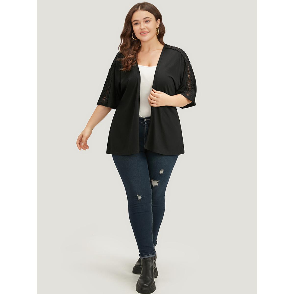 Plus Size Halloween Supersoft Essentials Plain Lace Panel Open Front Kimono Women Black Casual Plain Dailywear Kimonos BloomChic 10/M Product Image